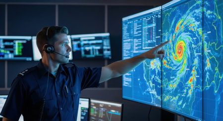 Young caucasian male meteorologist analyzing hurricane on multiple weather monitors in control roomの素材