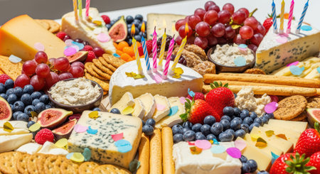 Festive cheese platter with candles and fruit variety celebrationの素材