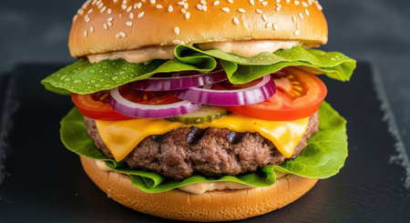 Juicy cheeseburger with lettuce, tomato, and onionの素材