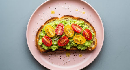 Delicious avocado toast with colorful cherry tomatoes and seasoning on pink plateの素材