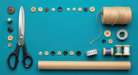 Sewing tools and supplies on blue surface with scissors, buttons, and threadの素材