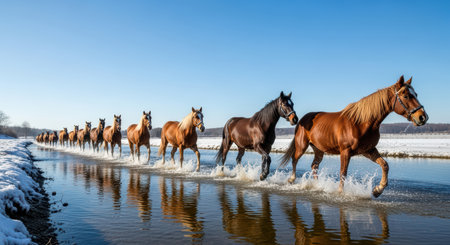 Herd of horses galloping through snowy stream on sunny winter dayの素材