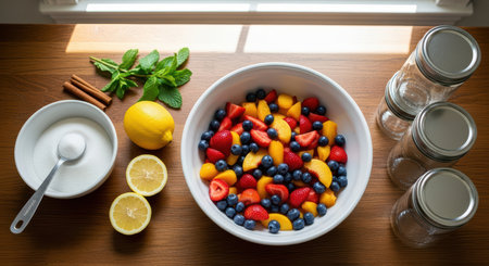Fresh fruit salad with lemons, berries, and peaches on wooden tableの素材