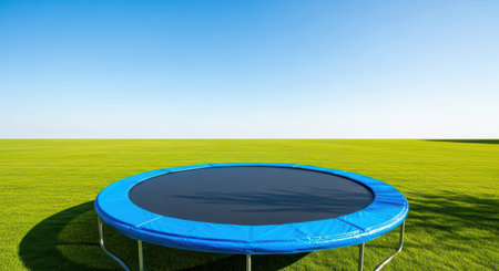 Blue trampoline on green lawn under clear skyの素材