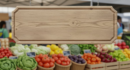 Wooden signboard hanging at colorful farmers market vegetable stallの素材