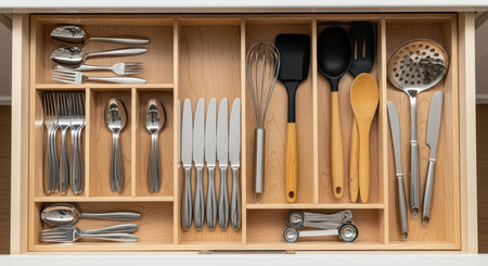 Neatly organized kitchen drawer with utensils and cutleryの素材