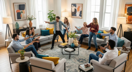 Diverse group of adults engaging in fun game activity in modern living roomの素材