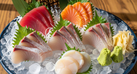 Assorted sashimi platter with tuna, salmon, and scallops on iceの素材