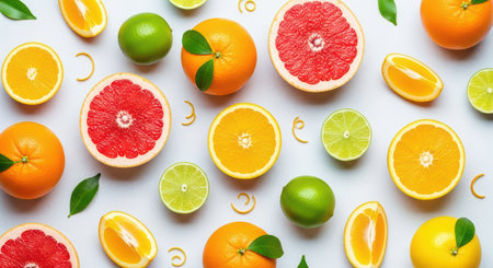 Assorted citrus fruits with oranges, grapefruits, and limes on white backgroundの素材