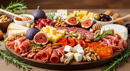 Delicious charcuterie board with cheese, meats, fruits, and nutsの素材