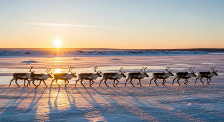 Majestic reindeer herd crossing snowy landscape at sunriseの素材
