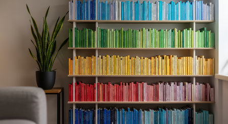 Colorful rainbow bookshelf with green plant in modern living roomの素材