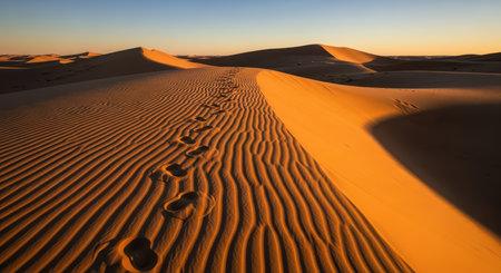 Endless footprints on sunlit desert dunes at sunsetの素材
