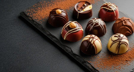 Assorted gourmet chocolate pralines on dark slate with cocoa powderの素材