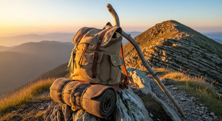 Outdoor adventure gear on mountain summit at sunriseの素材