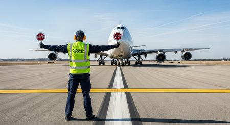 Airport worker guiding plane for safe runway landingの素材