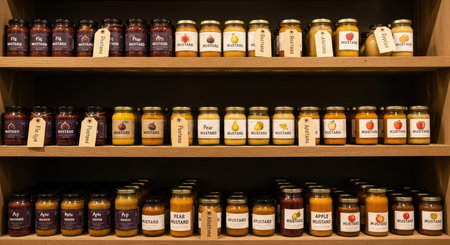 Variety of jams and mustards on wooden shelves in store displayの素材