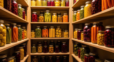 Assorted colorful preserved vegetables in glass jars on pantry shelvesの素材