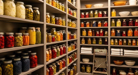 Well-organized pantry with jars of colorful preserved veggies and fruitsの素材