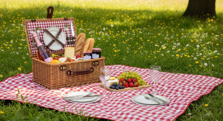 Picnic basket with wine, cheese, and fruits on a red plaid blanket in a sunny meadowの素材