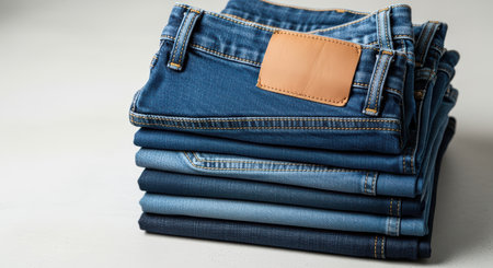 Stack of various blue jeans on white background with leather patchの素材