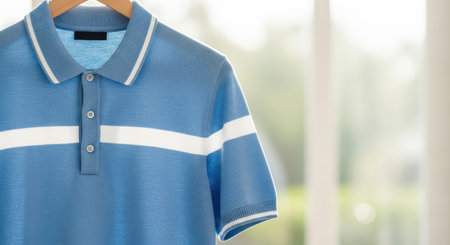 Blue polo shirt with white stripes on hangerの素材