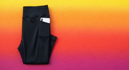 Black leggings with pocket and smartphone on gradient wall backgroundの素材