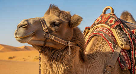 Portrait of a camel in the sahara desert with traditional saddle and clear blue skyの素材