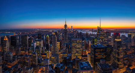 Breathtaking new york city skyline at dusk with vibrant urban lights and sunsetの素材