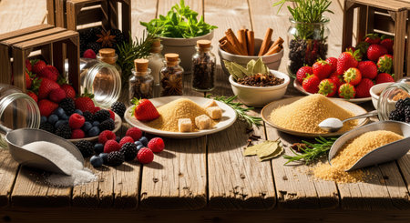 Assorted berries, brown sugar, and spices on rustic wooden table with herbs and cinnamonの素材