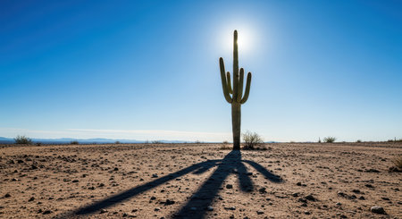 Solitary saguaro cactus casting long shadow in desert landscapeの素材