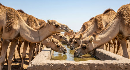 Camels drinking water in desert oasis under clear blue skyの素材