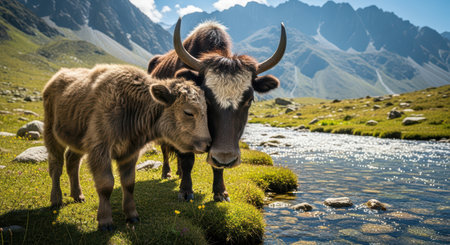 Yak and calf by mountain stream in serene alpine landscapeの素材