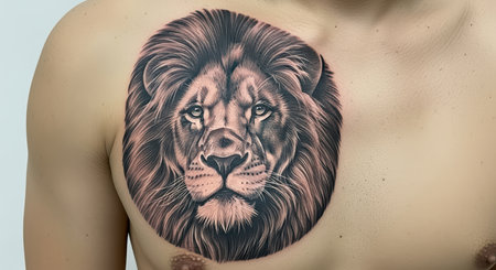 Realistic lion tattoo on male chest art displayの素材