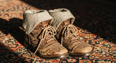 Brown leather boots with woolen cuffs on patterned rug in sunlightの素材
