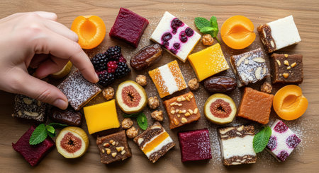 Delicious assortment of colorful fruit and nut dessert bites on wooden tableの素材