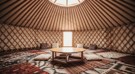 Cozy interior of traditional yurt with wooden furniture and patterned rugsの素材