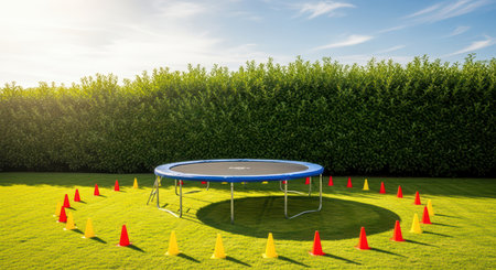Trampoline encircled by bright cones on sunny lawnの素材
