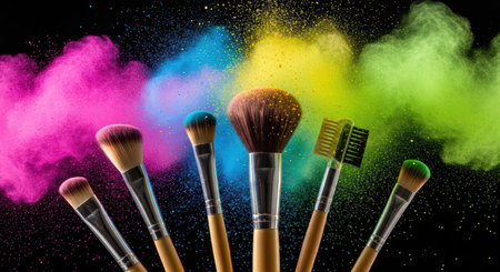 Colorful makeup brushes with vibrant cosmetic powder explosions on black backgroundの素材