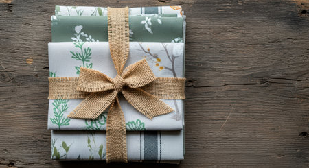 Rustic gift wrapped in burlap on wooden surface with floral and striped patternsの素材