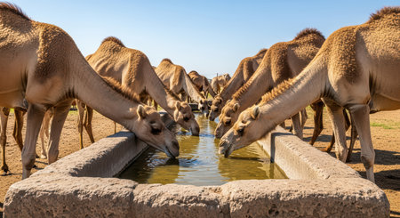 Herd of camels drinking water at desert oasisの素材