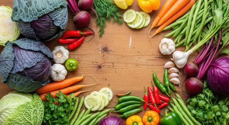 Colorful assortment of fresh vegetables on wooden tableの素材