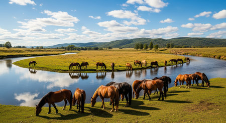 Herd of wild horses grazing by serene river in scenic countryside landscapeの素材