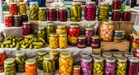 Vibrant assortment of pickled vegetables in glass jars at a market stallの素材