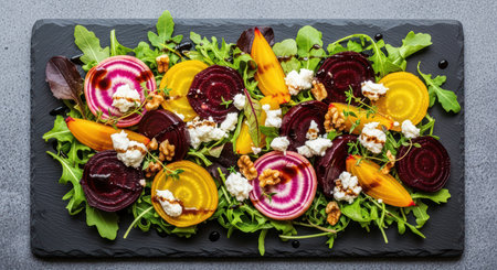 Vibrant beet salad with arugula, goat cheese, and walnuts on slate plateの素材