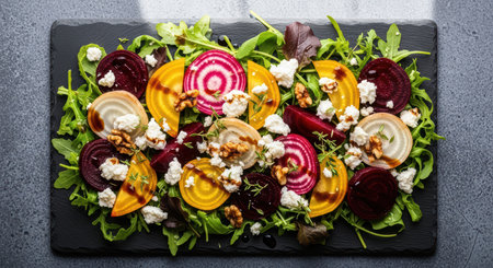 Colorful beet salad with walnuts, goat cheese, and arugula on slate platterの素材