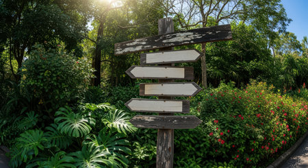 Blank wooden signpost in lush green garden setting with sunlightの素材
