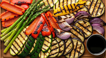 Colorful grilled vegetables: zucchini, peppers, eggplant, asparagus, onions with dipping sauceの素材