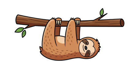 Cartoon brown sloth hanging on branch with green leavesの素材