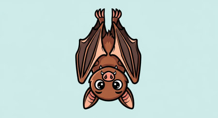 Cute cartoon bat hanging upside down with big eyes on light blue backgroundの素材